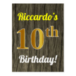 [ Thumbnail: Faux Wood, Faux Gold 10th Birthday & Custom Name Postcard ]