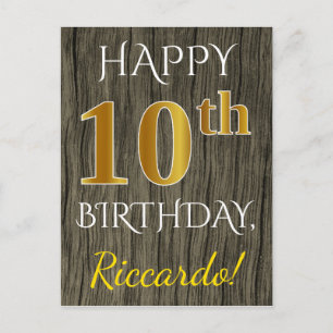 Faux Wood, Faux Gold 10th Birthday + Custom Name Postcard