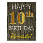 [ Thumbnail: Faux Wood, Faux Gold 10th Birthday + Custom Name Postcard ]