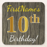 [ Thumbnail: Faux Wood, Faux Gold 10th Birthday + Custom Name Paper Coaster ]