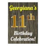 [ Thumbnail: Faux Wood, Faux Gold 11th Birthday Celebration Invitation ]