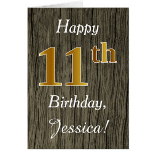 Faux Wood, Faux Gold 11th Birthday + Custom Name Cards