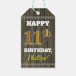 [ Thumbnail: Faux Wood, Faux Gold 11th Birthday + Custom Name Gift Tags ]