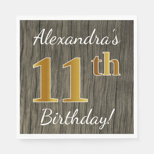 Faux Wood, Faux Gold 11th Birthday + Custom Name Paper Napkins (Front)