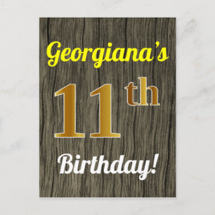Faux Wood, Faux Gold 11th Birthday & Custom Name Postcard