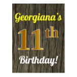 [ Thumbnail: Faux Wood, Faux Gold 11th Birthday & Custom Name Postcard ]