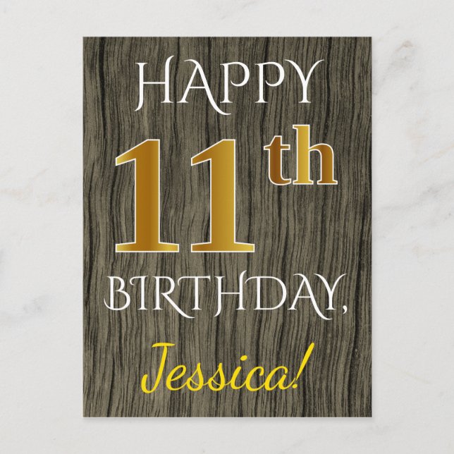 Faux Wood, Faux Gold 11th Birthday + Custom Name Postcard (Front)
