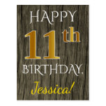 [ Thumbnail: Faux Wood, Faux Gold 11th Birthday + Custom Name Postcard ]