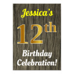 [ Thumbnail: Faux Wood, Faux Gold 12th Birthday Celebration Invitation ]