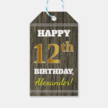 [ Thumbnail: Faux Wood, Faux Gold 12th Birthday + Custom Name Gift Tags ]