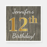 [ Thumbnail: Faux Wood, Faux Gold 12th Birthday + Custom Name Napkin ]
