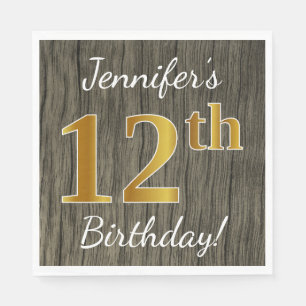Faux Wood, Faux Gold 12th Birthday + Custom Name Napkins