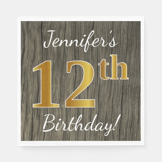 Faux Wood, Faux Gold 12th Birthday + Custom Name Napkins (Front)