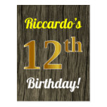 [ Thumbnail: Faux Wood, Faux Gold 12th Birthday & Custom Name Postcard ]