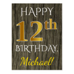 [ Thumbnail: Faux Wood, Faux Gold 12th Birthday + Custom Name Postcard ]