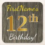 [ Thumbnail: Faux Wood, Faux Gold 12th Birthday + Custom Name Paper Coaster ]