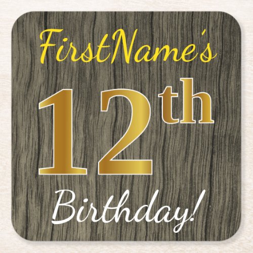 Faux Wood Faux Gold 12th Birthday  Custom Name Square Paper Coaster