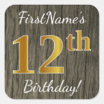 [ Thumbnail: Faux Wood, Faux Gold 12th Birthday + Custom Name Sticker ]