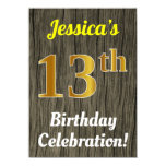 [ Thumbnail: Faux Wood, Faux Gold 13th Birthday Celebration Invitation ]