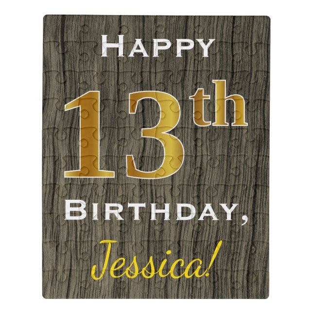 Faux Wood, Faux Gold 13th Birthday + Custom Name Jigsaw Puzzle (Puzzle Vertical)