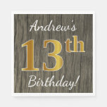 [ Thumbnail: Faux Wood, Faux Gold 13th Birthday + Custom Name Paper Napkin ]