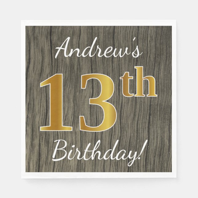 Faux Wood, Faux Gold 13th Birthday + Custom Name Paper Napkins (Front)
