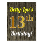 [ Thumbnail: Faux Wood, Faux Gold 13th Birthday & Custom Name Postcard ]