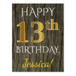 [ Thumbnail: Faux Wood, Faux Gold 13th Birthday + Custom Name Postcard ]