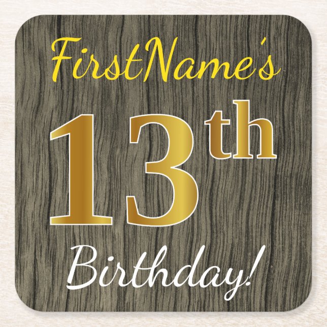 Faux Wood, Faux Gold 13th Birthday + Custom Name Square Paper Coaster (Front)