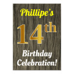 [ Thumbnail: Faux Wood, Faux Gold 14th Birthday Celebration Invitation ]
