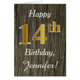 Faux Wood, Faux Gold 14th Birthday + Custom Name Cards