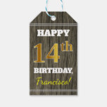 [ Thumbnail: Faux Wood, Faux Gold 14th Birthday + Custom Name Gift Tags ]