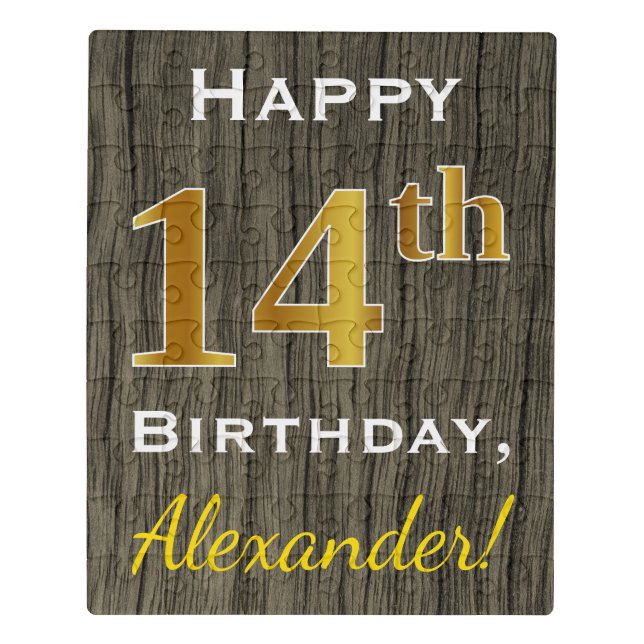 Faux Wood, Faux Gold 14th Birthday + Custom Name Jigsaw Puzzle (Puzzle Vertical)