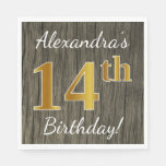 [ Thumbnail: Faux Wood, Faux Gold 14th Birthday + Custom Name Paper Napkin ]