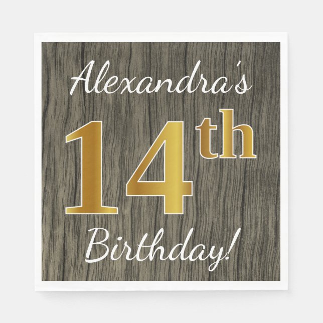 Faux Wood, Faux Gold 14th Birthday + Custom Name Paper Napkins (Front)