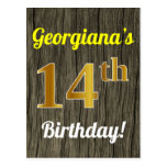 [ Thumbnail: Faux Wood, Faux Gold 14th Birthday & Custom Name Postcard ]