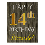 [ Thumbnail: Faux Wood, Faux Gold 14th Birthday + Custom Name Postcard ]