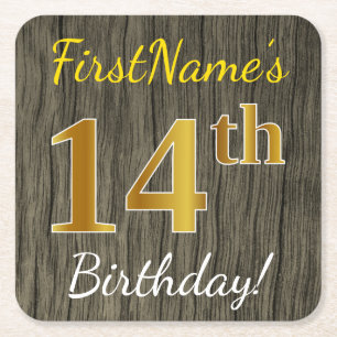 Faux Wood, Faux Gold 14th Birthday + Custom Name Square Paper Coaster