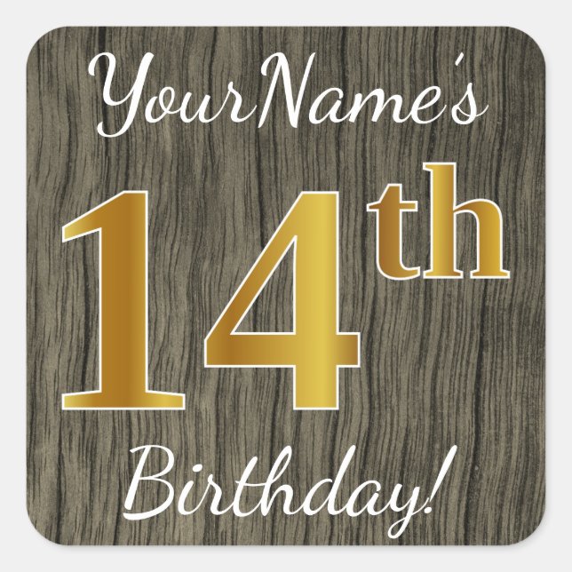 Faux Wood, Faux Gold 14th Birthday + Custom Name Square Sticker (Front)
