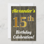 [ Thumbnail: Faux Wood, Faux Gold 15th Birthday Celebration Invitation ]