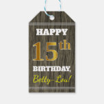 [ Thumbnail: Faux Wood, Faux Gold 15th Birthday + Custom Name Gift Tags ]
