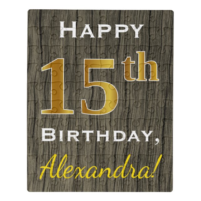 Faux Wood, Faux Gold 15th Birthday + Custom Name Jigsaw Puzzle (Puzzle Vertical)