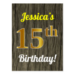 [ Thumbnail: Faux Wood, Faux Gold 15th Birthday & Custom Name Postcard ]