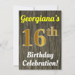 [ Thumbnail: Faux Wood, Faux Gold 16th Birthday Celebration Invitation ]