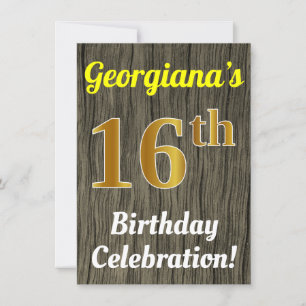 Faux Wood, Faux Gold 16th Birthday Celebration Invitation