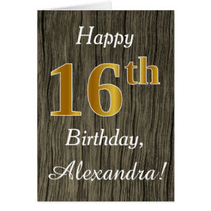 Faux Wood, Faux Gold 16th Birthday + Custom Name Cards