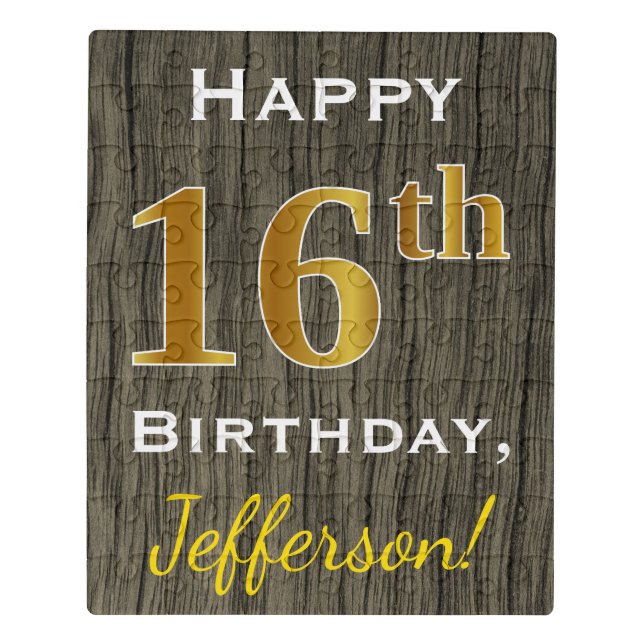 Faux Wood, Faux Gold 16th Birthday + Custom Name Jigsaw Puzzle (Puzzle Vertical)