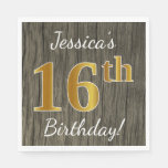 [ Thumbnail: Faux Wood, Faux Gold 16th Birthday + Custom Name Napkin ]