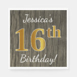 [ Thumbnail: Faux Wood, Faux Gold 16th Birthday + Custom Name Napkins ]