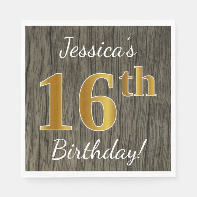 Faux Wood, Faux Gold 16th Birthday + Custom Name Napkins (Front)